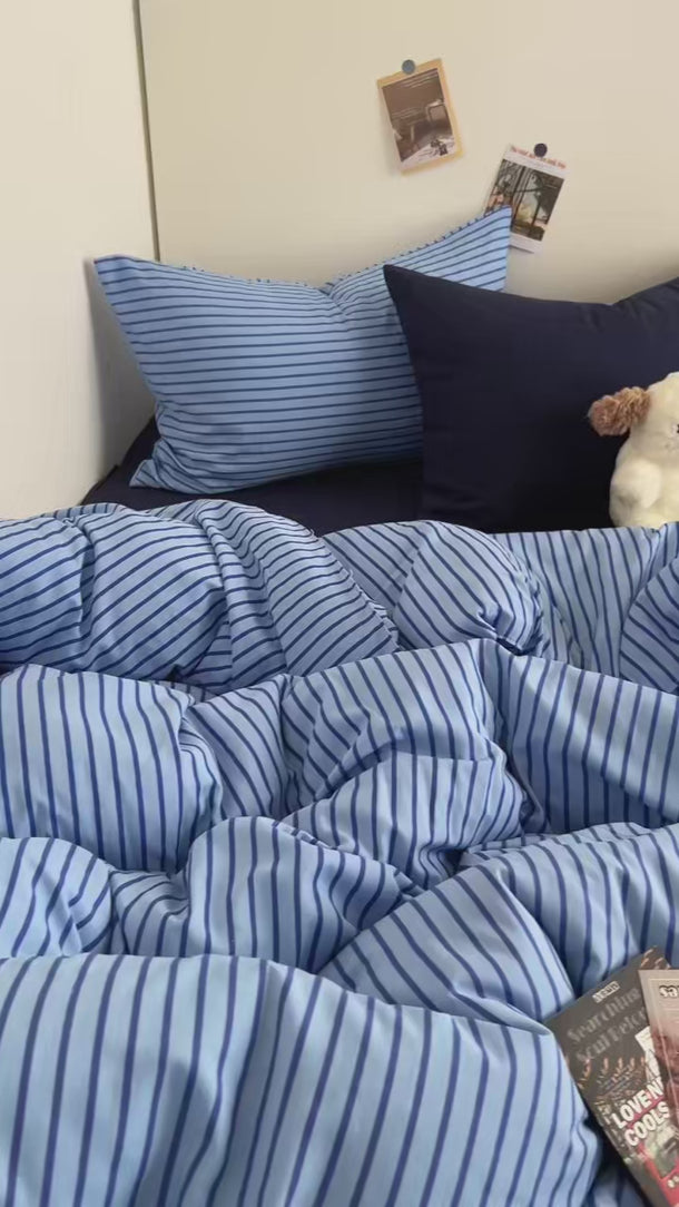 blue stripe washed cotton duvet cover set